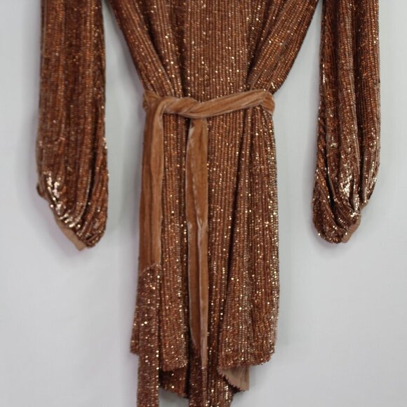 Retrofete Grace Sequin Long Sleeve Mini Dress with Velvet Tie Belt Bronze SizeXS - Picture 6 of 14
